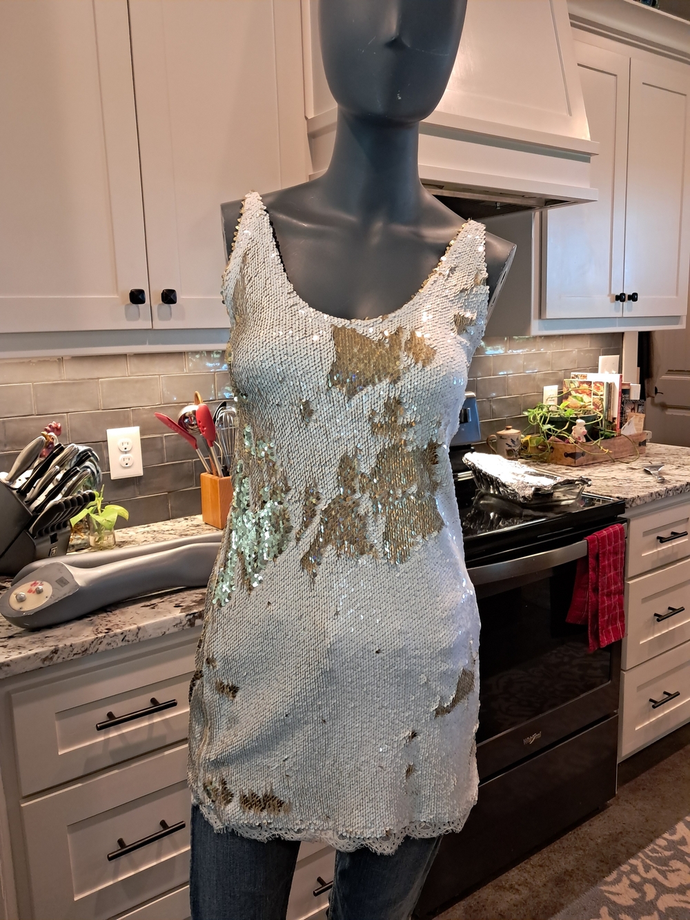 Free People Reversible Sequin Tank in White and Gold